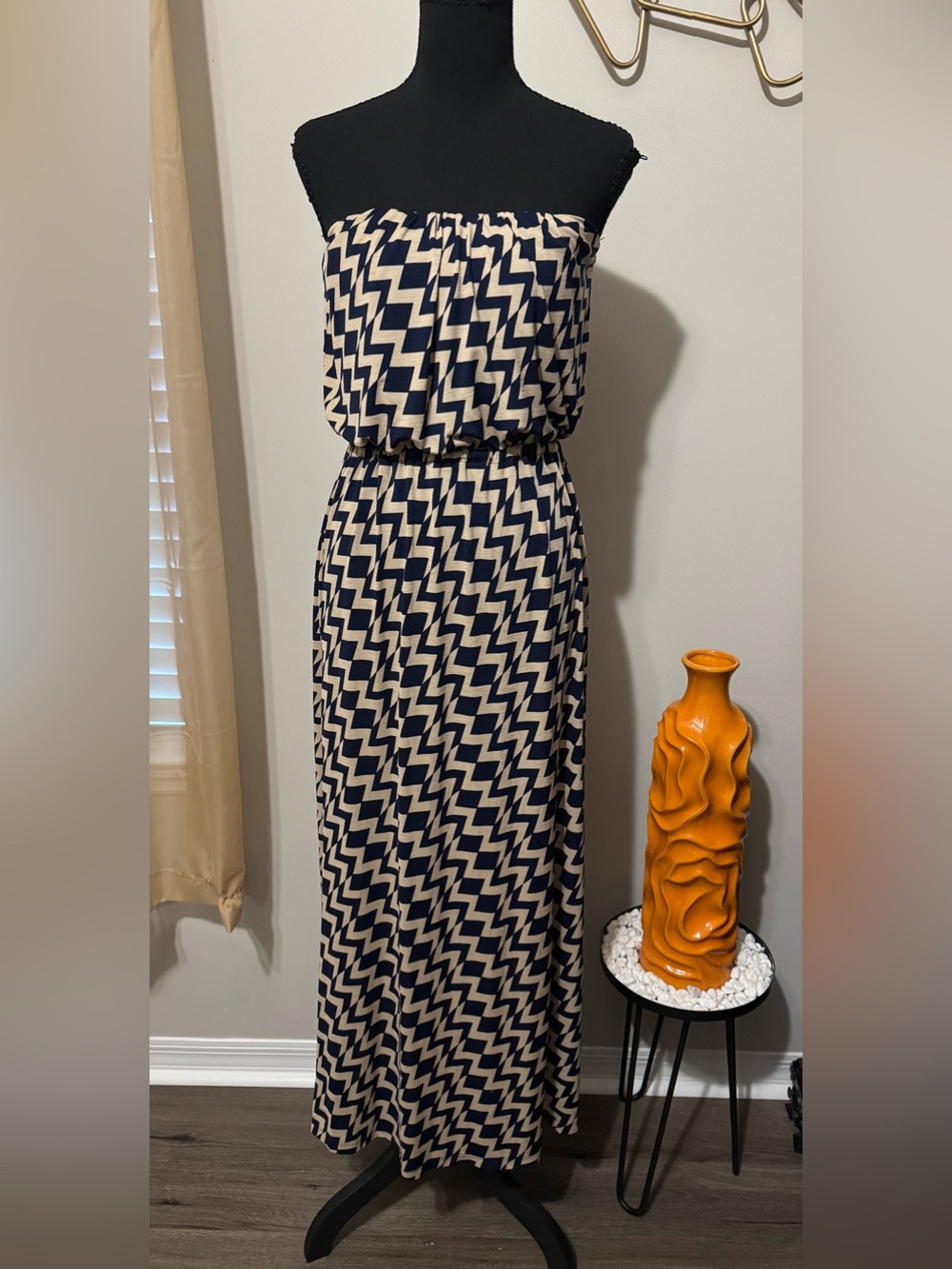 Strapless Navy and Cream Zigzag Maxi Dress